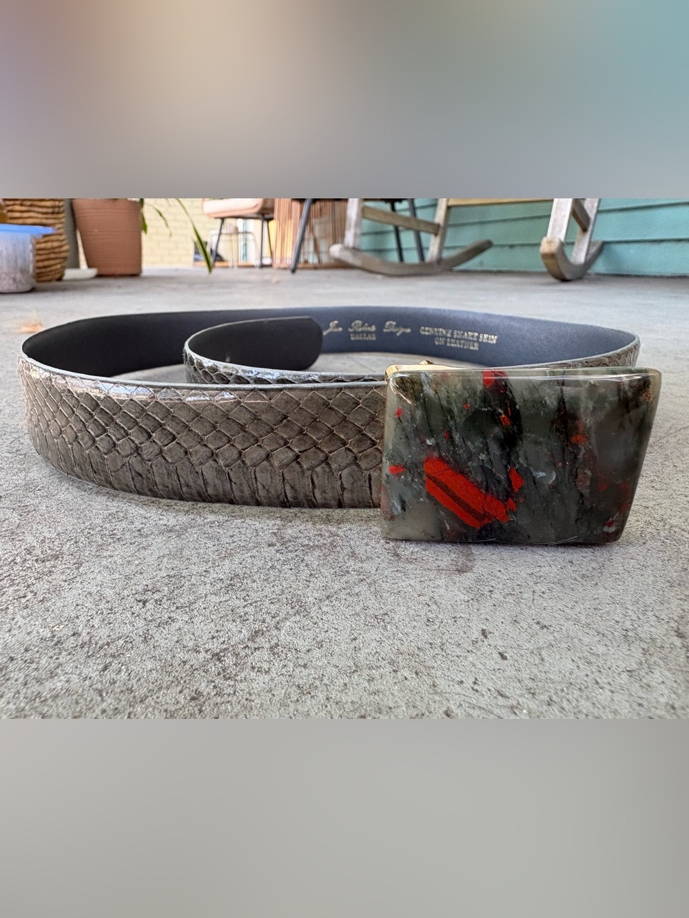 Jean Robert’s Designs handcrafted Gray Snakeskin Leather Belt with Stone Buckle